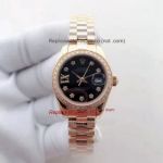 Copy Ladies Rolex Oyster Perpetual Datejust All Gold Black Dial Diamond Bezel 26mm Watch